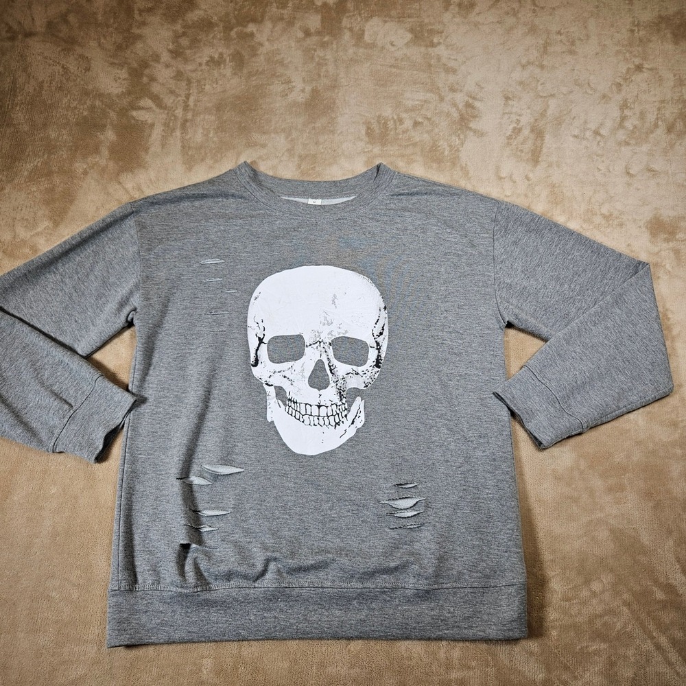 Gray Crewneck Sweatshirt Skull Graphic Distressed Slashes Size Medium